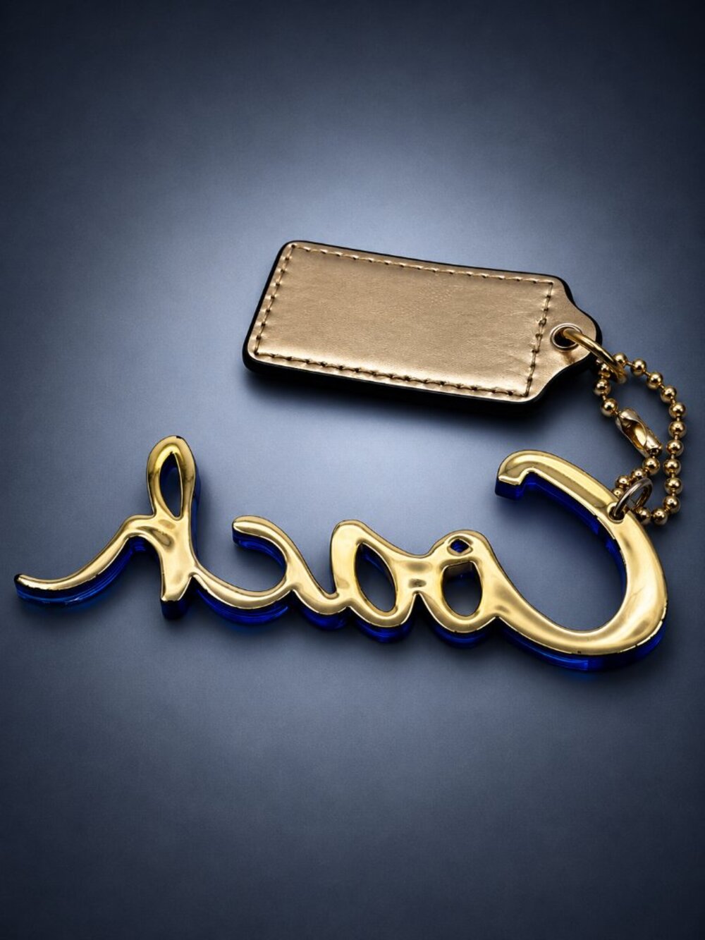 COACH Poppy Blue Acrylic Script Logo Bag Charm Keychain & Gold Tone Hangtag Rare - Picture 3 of 7